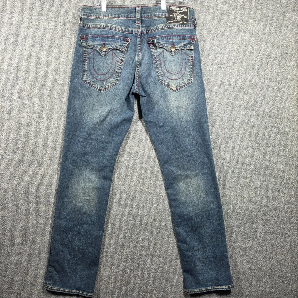 True Religion Jeans Mens 33 Ricky Relaxed Straight Blue Big T Stitch SN Flap